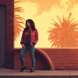 a woman in jeans and an orange down jacket stands against a brick wall