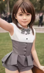 a girl in grey and white dress and bow