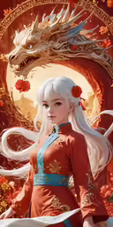 woman in chinese dress with dragon over her shoulder