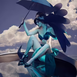 a woman is sitting on the dock holding an umbrella
