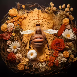 a woman with flowers around her and flowers on her face