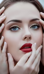 a girl in a red lipstick holding her hands together to her face