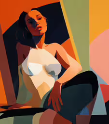 an abstract painting of a woman sitting on a stool,a woman in an abstract painting with sun light
