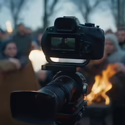 a video camera is shown in front of fire and people