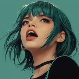 a painting of a woman with green hair looking upward
