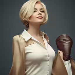 a woman holds a pair of pants up to her chest