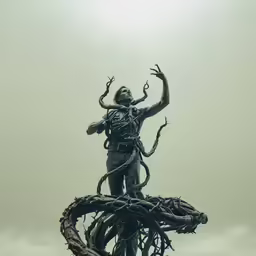 a statue holding two arms up in the air
