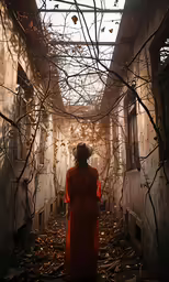a woman in orange robes stands in an old dilapidated building