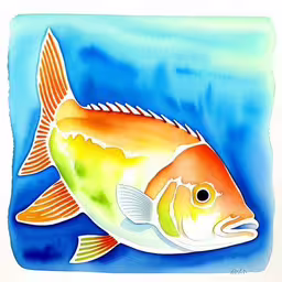 a fish that is floating in the water,a water color painting of a fish