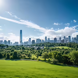 a city skyline as seen from the park in the day