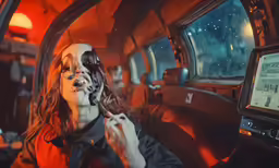 a woman wearing a skeleton mask on her face is using an electronics device