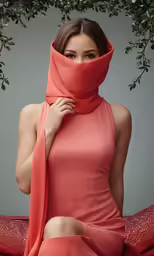 an asian woman in red wearing a scarf