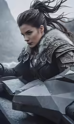 the woman on the motorcycle is dressed in armor