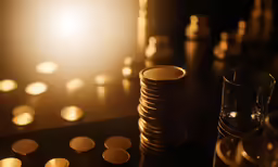 stacks and piles of coins sit together on a table