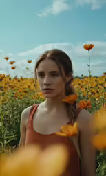 a young lady standing among the flowers, in front of a blue sky
