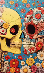 two skulls with flowers on their heads