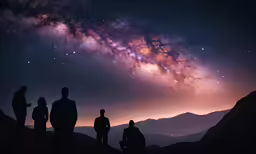 people are standing on the top of a hill watching the stars