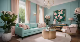 living room with pink and blue color scheme