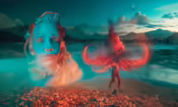 a blue man looking at red lights while a person looks