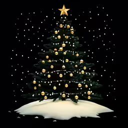 a tree with gold ornaments and lights in the dark