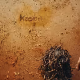 a child looking down and standing in the dirt