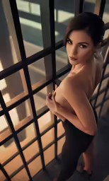 a woman poses against the railing, posing naked