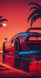 the front of a red and white sports car in the sunset