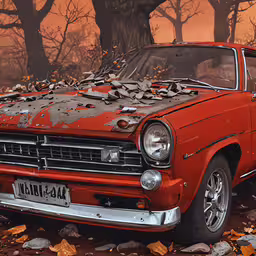 an old rusted car is parked among leaves,the classic car has been destroyed with a lot of rust on it
