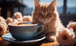 there is a cat that is drinking coffee