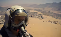 a man wearing a gas mask while standing on top of a desert