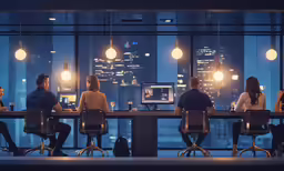 group of people working on computers while seated at a table