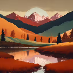painting of mountain scene with lake in foreground,a painting of mountains with trees and water