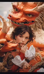 young girl in traditional chinese dress holding wooden stick near dragon statue