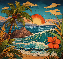 an orange and blue painting of waves in the ocean and trees,an illustration of a tropical sunset with blue skies and waves