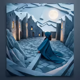 the woman in blue dress is sitting by the mountain