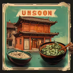 poster of asian cuisine and rice with unique image