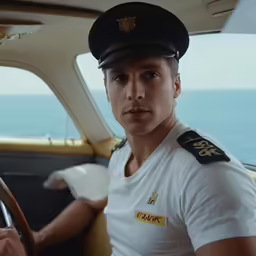 a man in uniform sits in the car