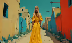 a blonde woman with long hair walking down a path near old houses