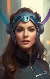 a woman in a suit is wearing a helmet