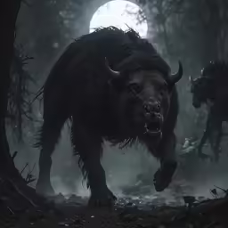 a bear running through the woods with other animals