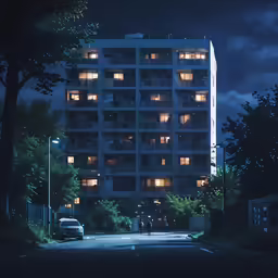 an apartment block in the middle of the night