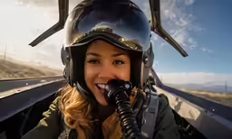 a beautiful woman wearing an air plane helmet while talking on a phone