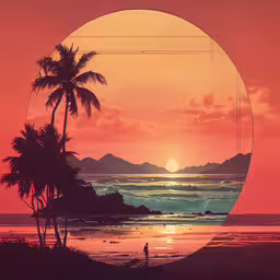 an image of a sunset over a beach,sunset with palm trees and man at the ocean