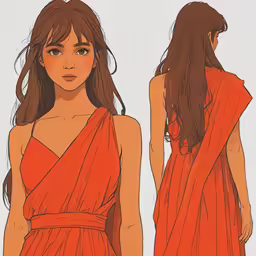 an asian woman in an orange dress looking forward