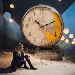 a woman sits in front of a clock in a dark room with lights hanging above