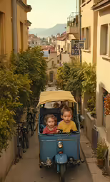 two little kids driving in the back of a motorcycle