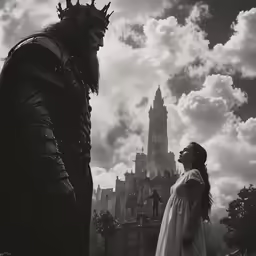 the princess and the monster standing in front of a castle