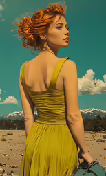 a red haired woman in a yellow dress