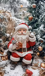 santa clause sitting in front of christmas tree, in snowy forest