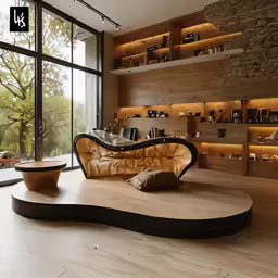 a living room with a couch and many shelves of books